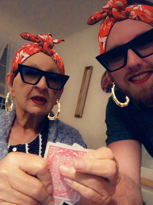 My grandmother and I playing cards.