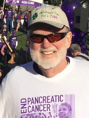 My dad, Michael Mahoney, at his first Purple Stride wearing White Survivor Shirt